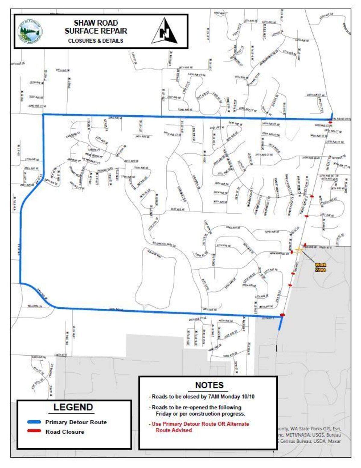 Puyallup public works contractors will repair and restore a portion of Shaw Road between Manorwood Drive and 33rd Ave. SE from Oct. 10-14.