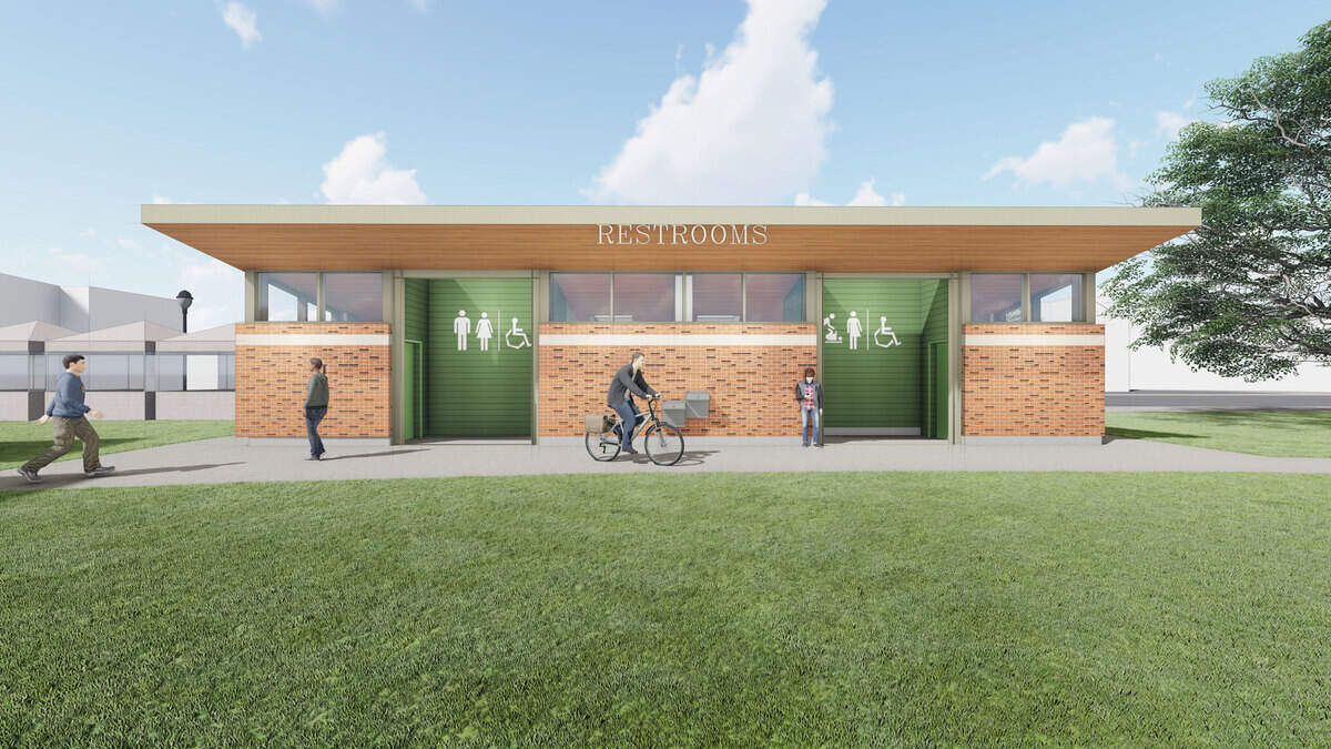The new restroom building at Pioneer Park will have five toilet stalls for the women’s side. It will have two toilet stalls and four urinals for the men’s side. There will also be two new family restrooms with diaper-changing stations.