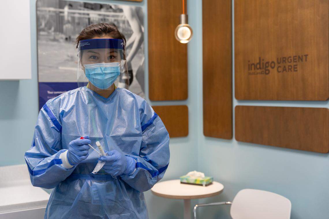 This photo was provided by MultiCare on Monday showing the type of PPE used at its Indigo Urgent Care clinics.