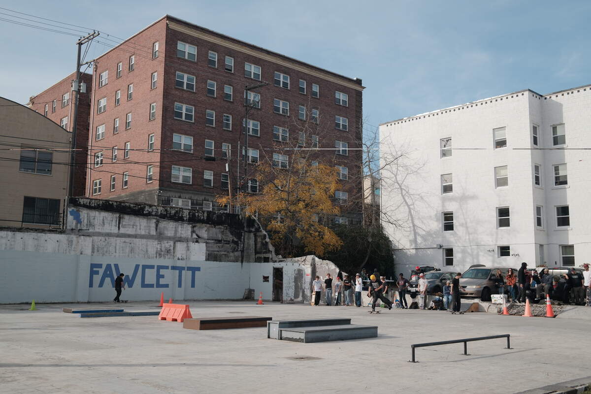 Skaters gathered at Fawcett D.I.Y. skatepark in downtown Tacoma for a re-opening jam on Nov. 9, 2025.
