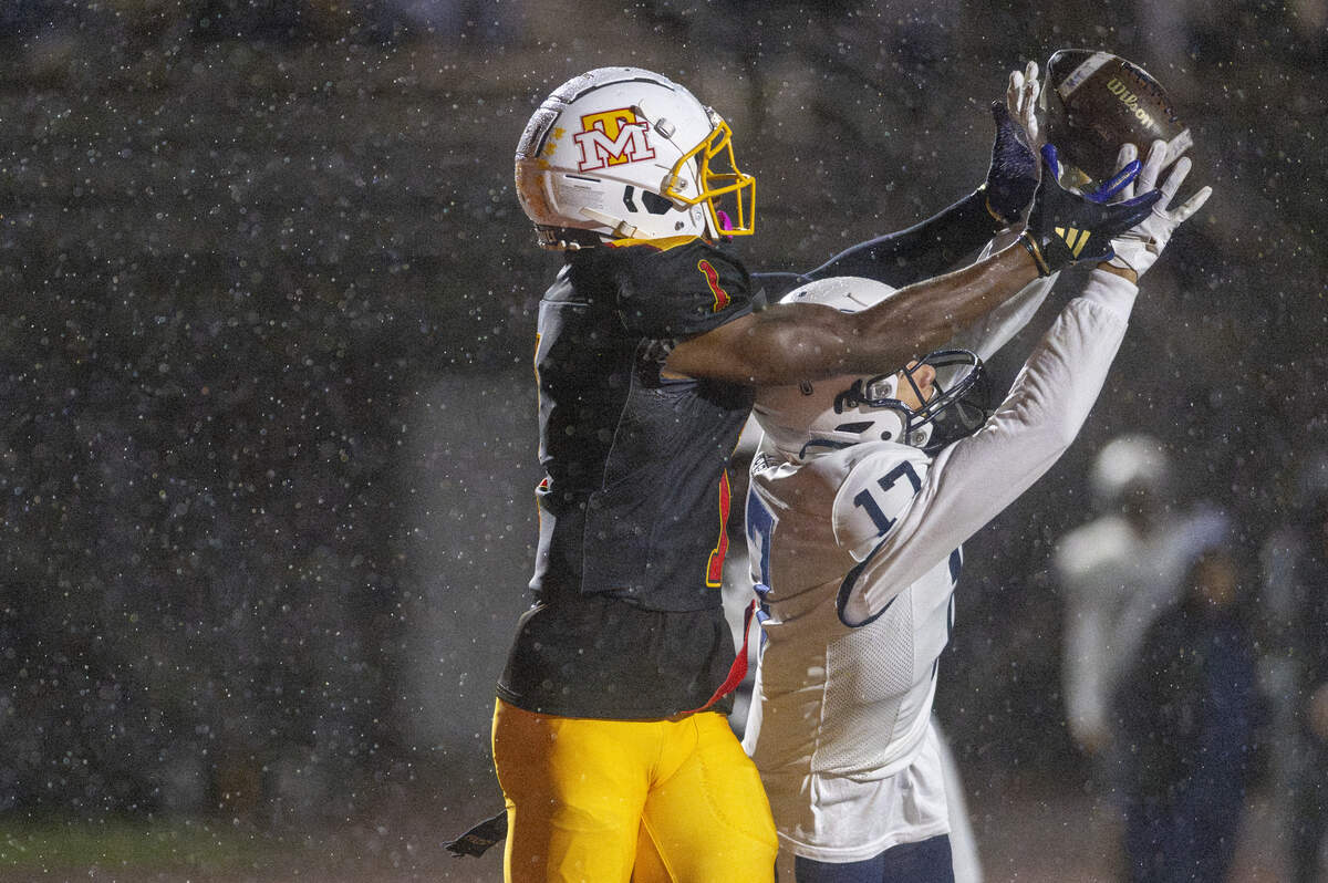 A pass intended for Mount Tahoma’s Elijah Durr (1) in the end zone is blocked by Bellarmine’s Hunter Goodsell (17) on Friday, Oct. 10, 2025, at Mount Tahoma in Tacoma, Wash.
