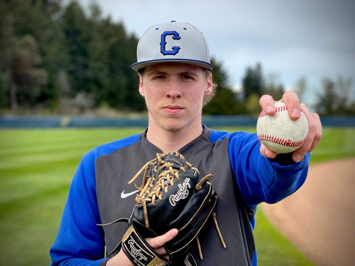 Curtis High School pitcher Tyler Logan photographed before a baseball game against Bellarmine Prep in Tacoma on Monday, April 11, 2022.