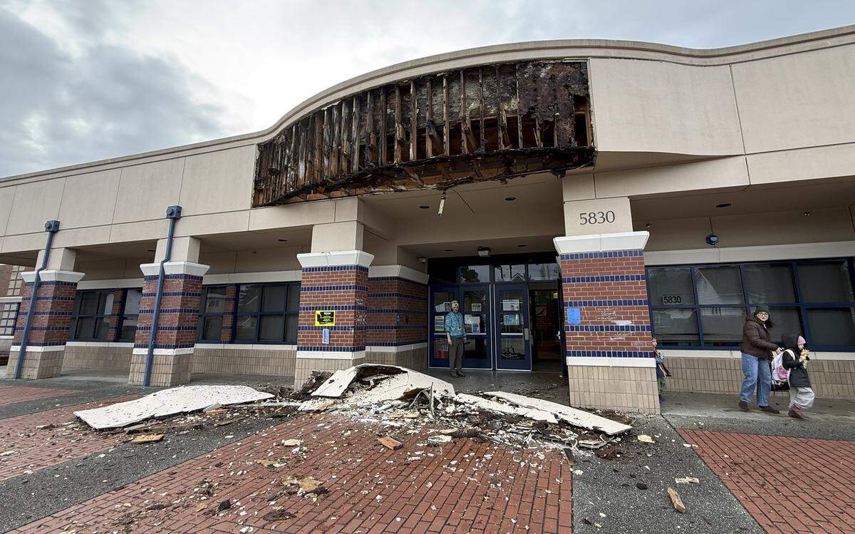Edison Elementary School is pictured after part of the stucco exterior facade collapsed on Friday, Jan. 30, 2026, in Tacoma, Wash.