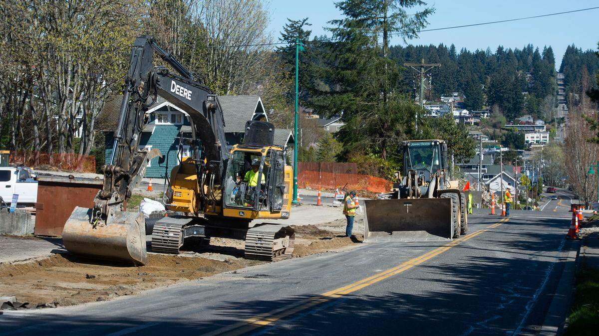 Work continued Friday, April 16, 2021 on a new roundabout at the intersection of Stinson Avenue and Rosedale Stree t in Gig Harbor.