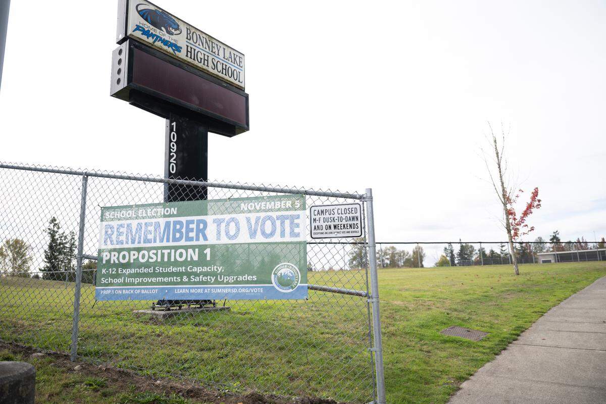 A sign reminding people to vote on Prop 1 hangs in front of Bonney Lake High School, on Wednesday, Oct. 9, 2024 in Bonney Lake, Wash.