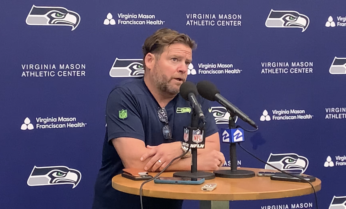 Seahawks general manager John Schneider speaking to reporters at the team’s headquarters in Renton on Sept. 4, 2023, days before the season opener.