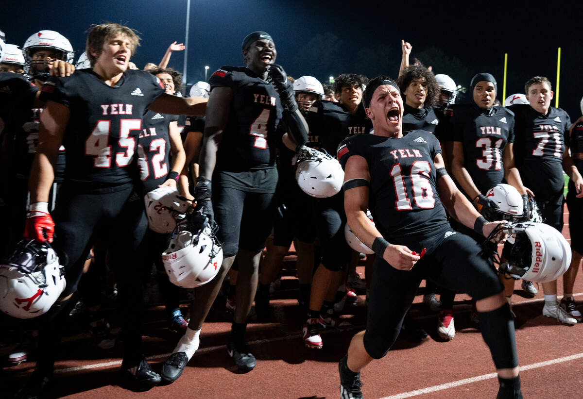 Yelm celebrates their 42-34 victory against Mount Tahoma during the second half of the game at Yelm High School, on Thursday, Sept. 5, 2024, in Yelm, Wash.