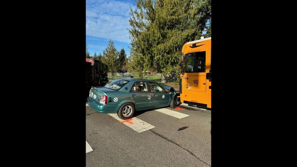 A sedan crashed into a Franklin-Pierce School District school bus on Jan. 9, 2026.
