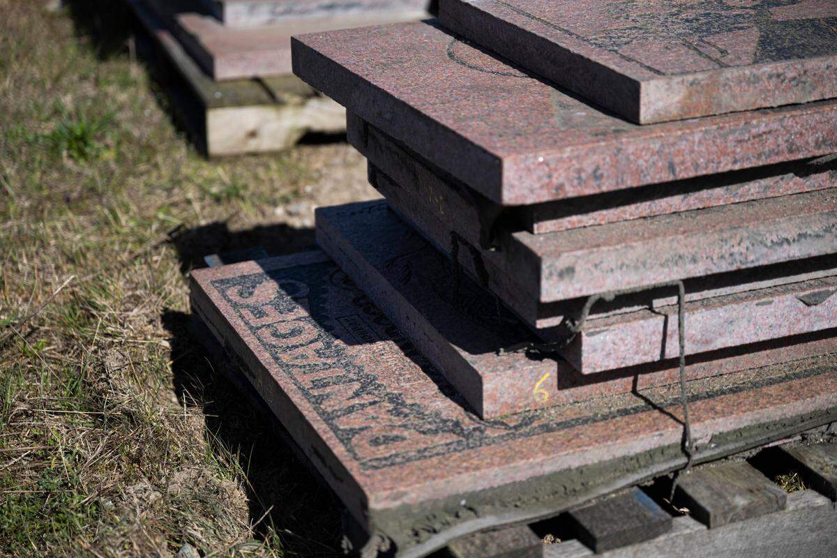 Pavers that once decorated the Theater District light rail stop now sit in storage at the Tacoma Landfill, on Friday, April 19, 2024, in Tacoma, Wash.