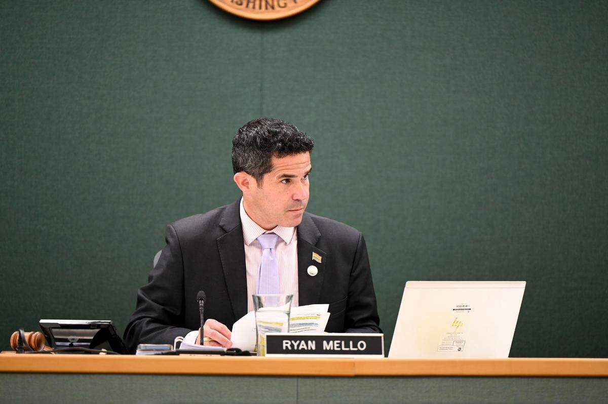 Pierce County Council Chairman Ryan Mello looks to other council members during a Pierce County Council meeting, Tuesday, July 25, 2023, in Tacoma.
