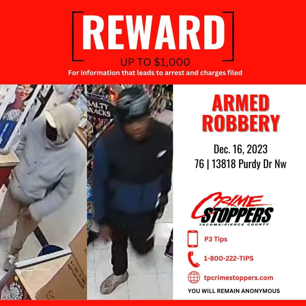 Two men robbed the Purdy 76 gas station at gunpoint. Pierce County sheriff’s deputies are now looking for them and offering a reward for information.