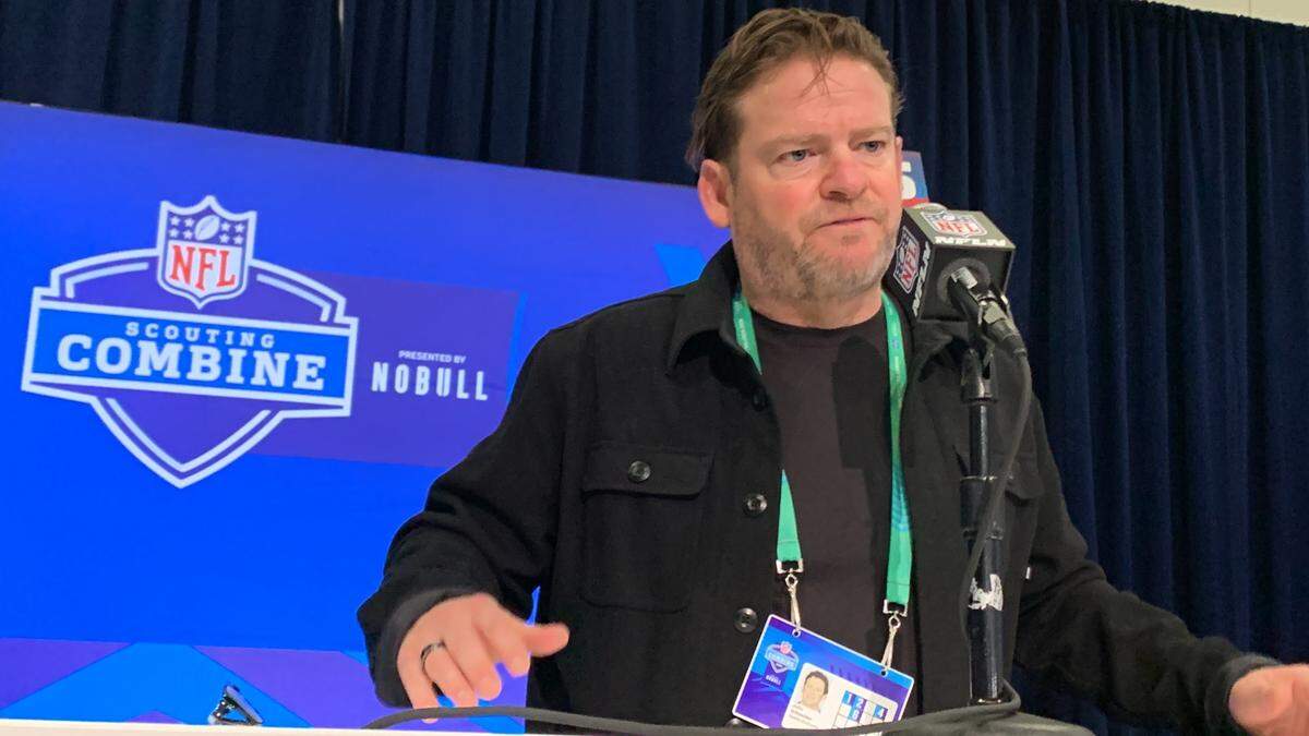 Seahawks general manager John Schneider talks inside the Indiana Convention Center on Feb. 27, 2024, at the NFL scouting combine in Indianapolis.
