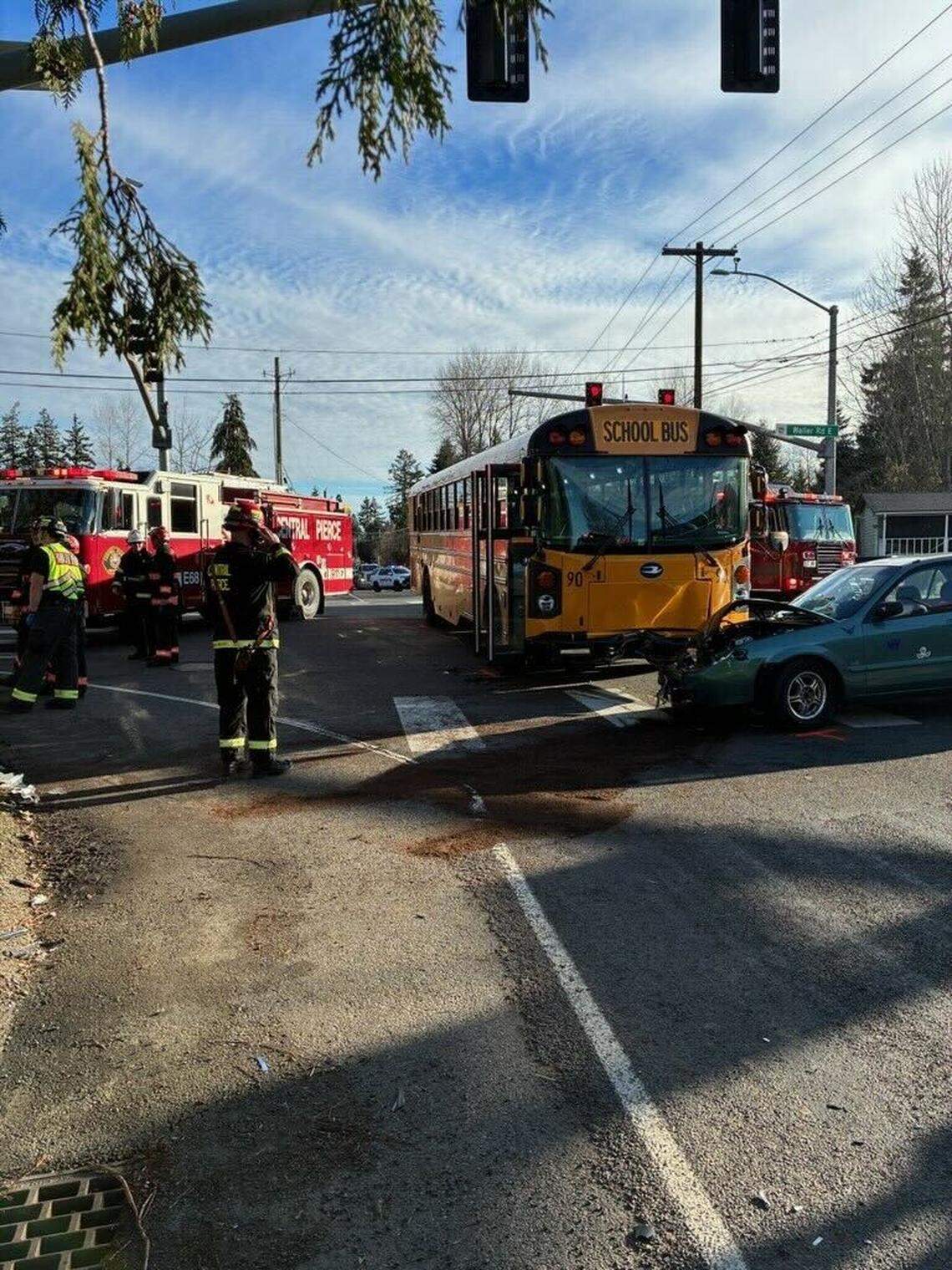 A sedan crashed into a Franklin-Pierce School District school bus on Jan. 9, 2026.