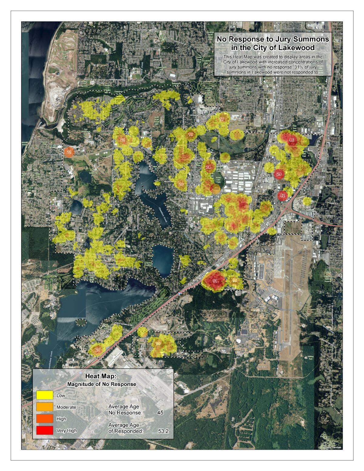 This map shows areas in Lakewood with increased concentrations of jury summons with no response in 2016.