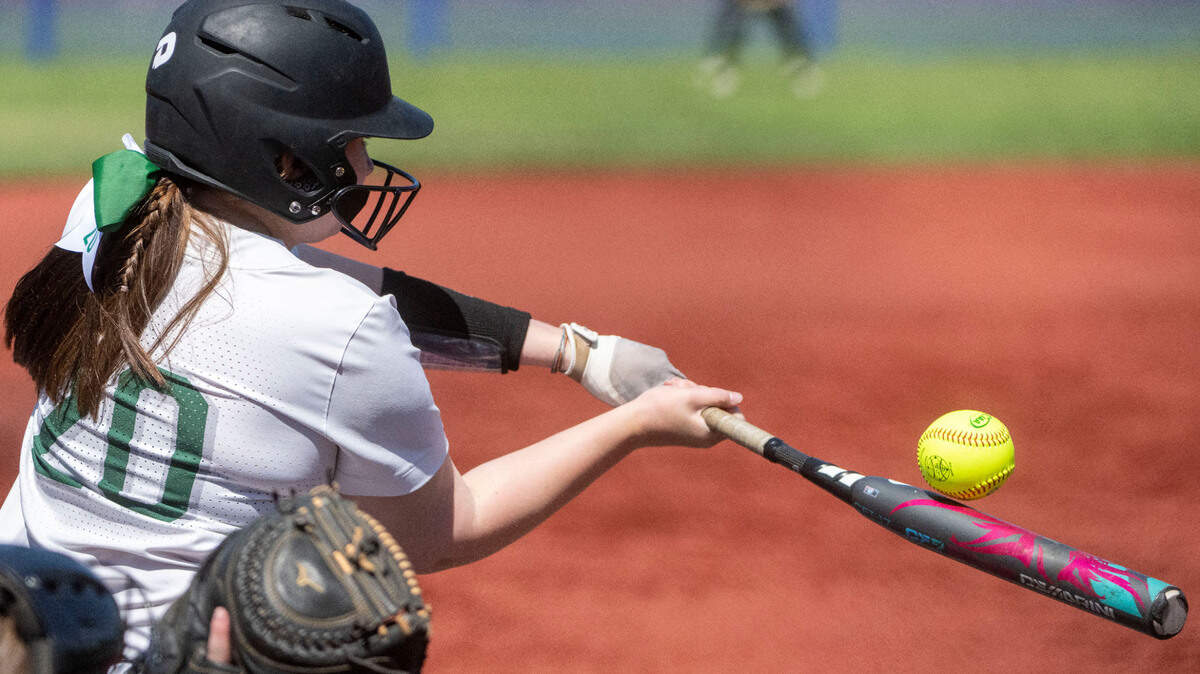 Peninsula’s Kallee Waage fouls off a pitch during an at bat in the top of the third inning of the Class 3A state championship game against Snohomish on Saturday, May 27, 2023, at the Regional Athletic Complex in Lacey.