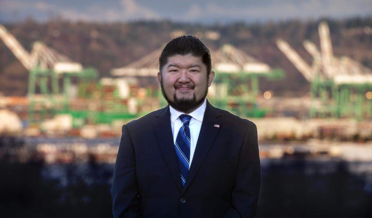 Newly appointed Pierce County Council member Bryan Yambe is shown overlooking part of his district that includes the Port of Tacoma in Tacoma, Washington, on Friday, Jan. 17, 2025.