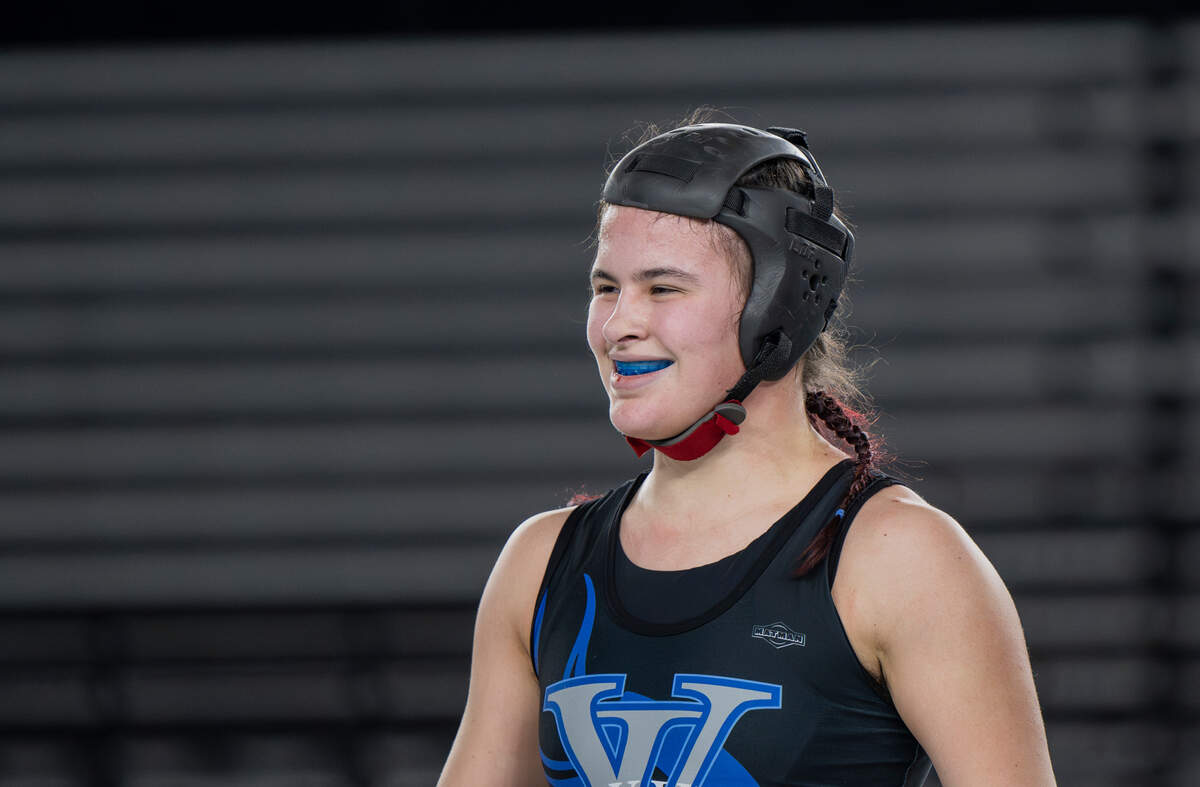 Curtis’ Clarissa Wangen reacts to her win over Kentwood’s Sarah Wright in the 155-pound 3A championship match during day two of the Mat Classic XXXV at the Tacoma Dome on Saturday, Feb. 17, 2024, in Tacoma, Washington.