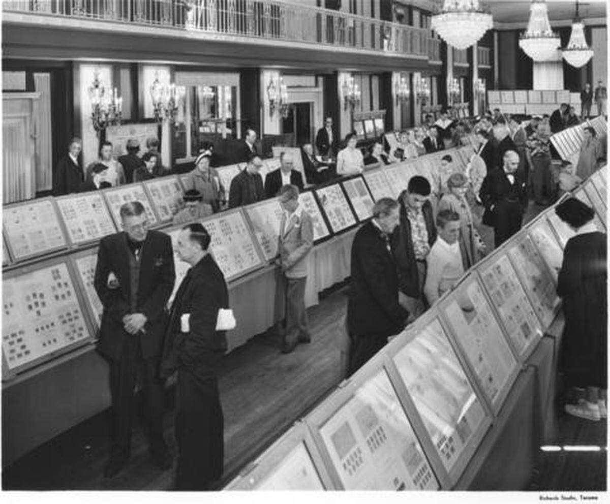 The Winthrop Hotel hosted the Northwest Federation of Stamp Clubs’ 14th annual convention in late May, 1954. Framed displays of rare and beautiful stamps were placed in long rows for interested collectors to view in the hotel’s Crystal Ballroom. Stamp collectors were of assorted types, ranging from young boys to teenagers and also older men and women. Stamp collecting was a very popular hobby during the 1950’s and exhibits such as the one pictured would have attracted large crowds.