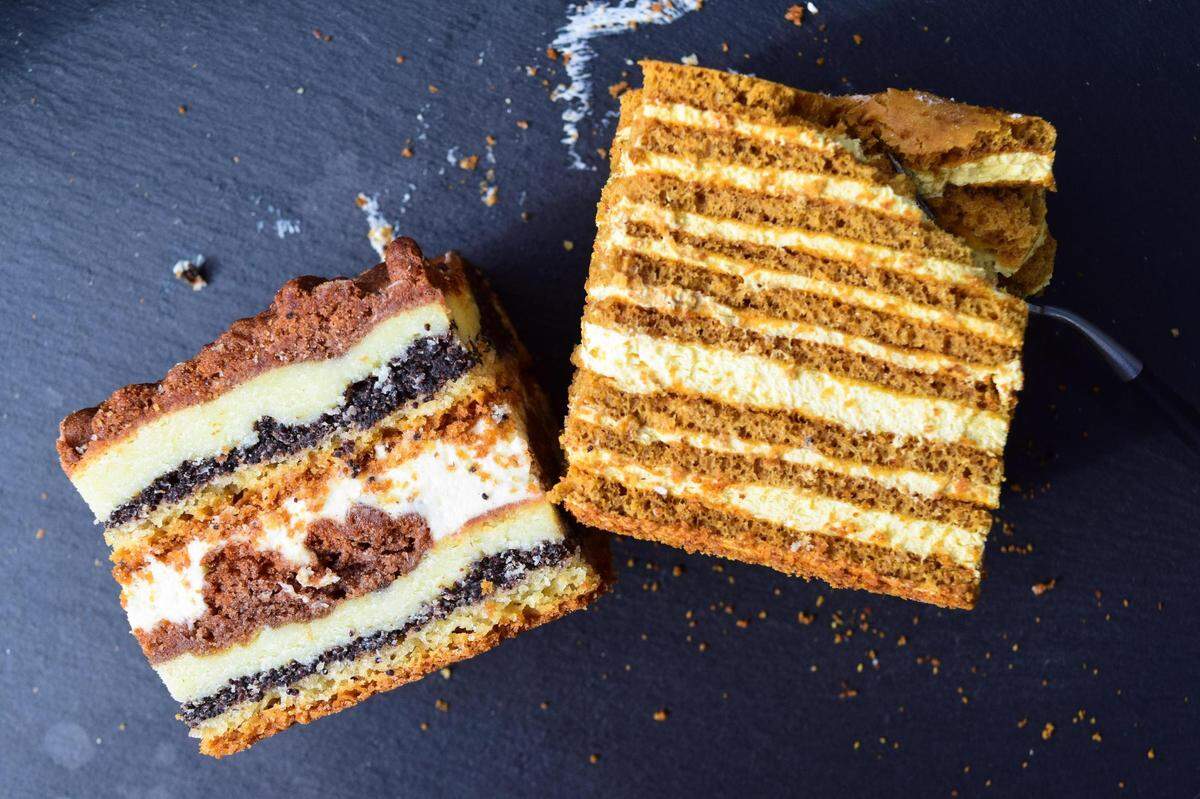 In addition to bread, the bakery at Emish Market in Fife specializes in Eastern European sweets, including the layered poppyseed cake (left) and honey cake.