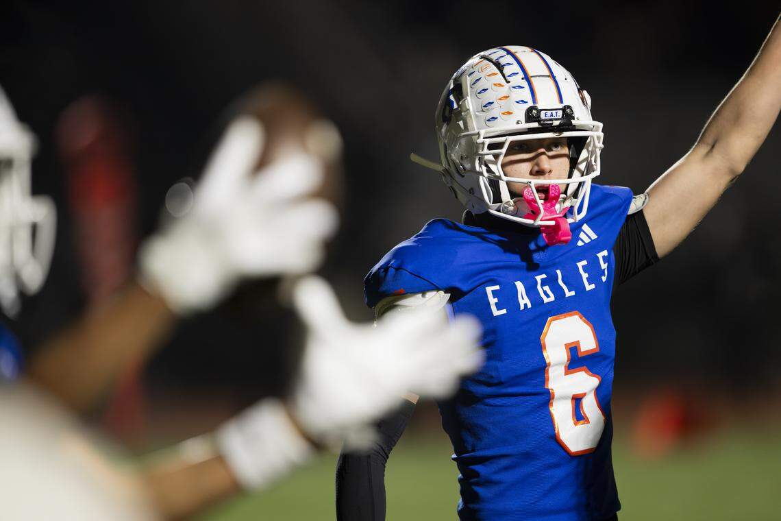 Graham Kapowsin safety Keyan Wilson (6) reacts to an interception from free safety George Woods (18) in Kennedy Catholic’s end zone during the second half of the opening round 4A state tournament game at Art Crate Field, on Saturday, Nov. 15, 2025, in Spanaway.