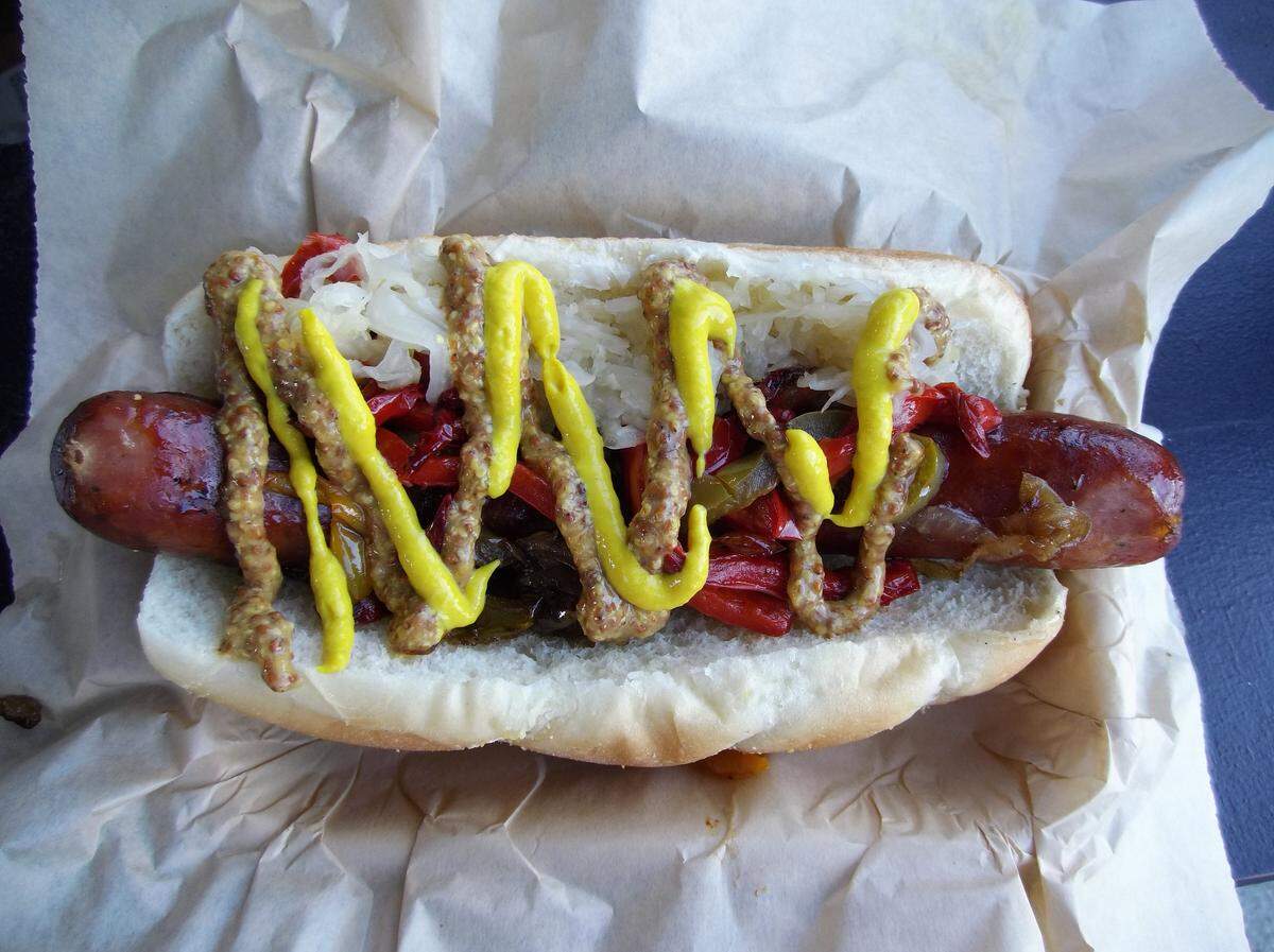 A double smoked brat from R-Haus at Cheney Stadium.