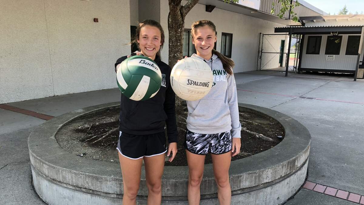 Peninsula High School’s sophomore Lovrovich twins, Laney, left, and Linsey, are fierce competitors for the Seahawks in volleyball,  basketball and track.