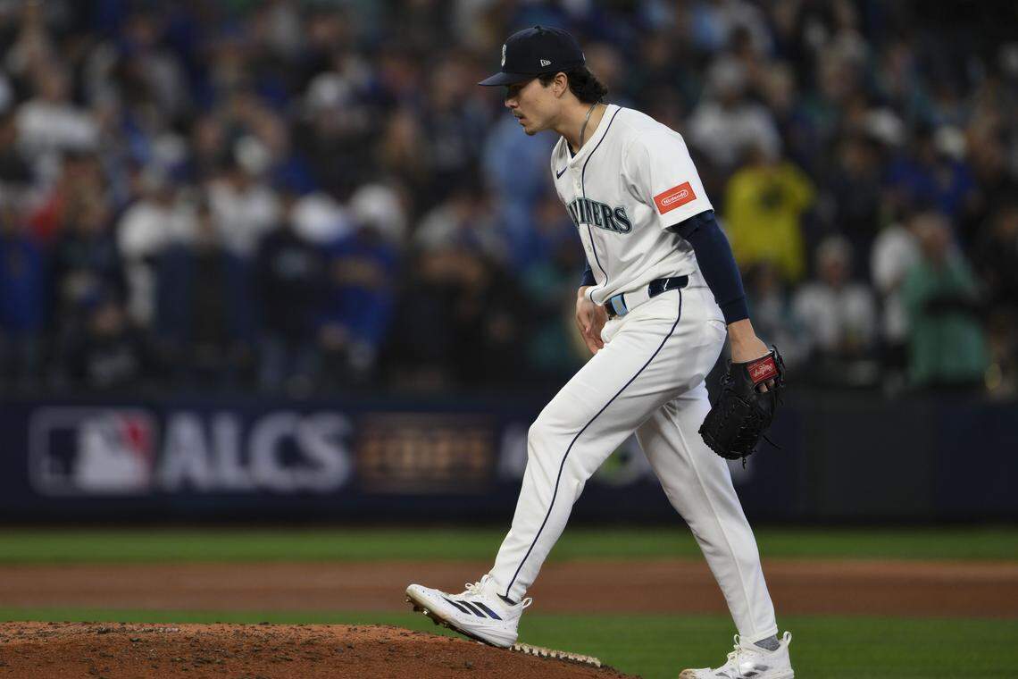 Seattle pitcher Bryan Woo walks to the mound during the sixth inning of Game 5 of the American League Championship Series against the Toronto Blue Jays on Friday, Oct. 17, 2025 at T-Mobile Park in Seattle.