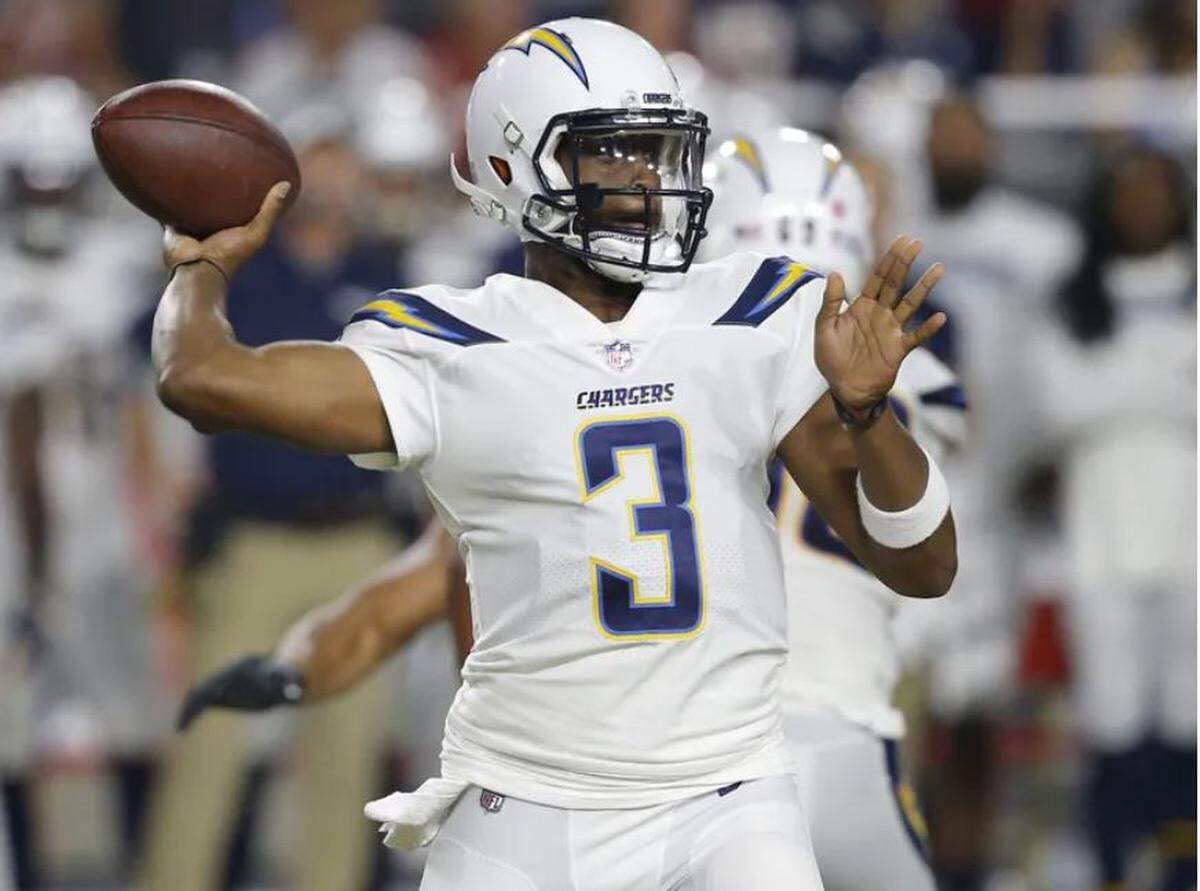 Then with the Los Angeles Chargers, Geno Smith throws in a 2018 preseason game against the Arizona Cardinals in Glendale, Arizona.