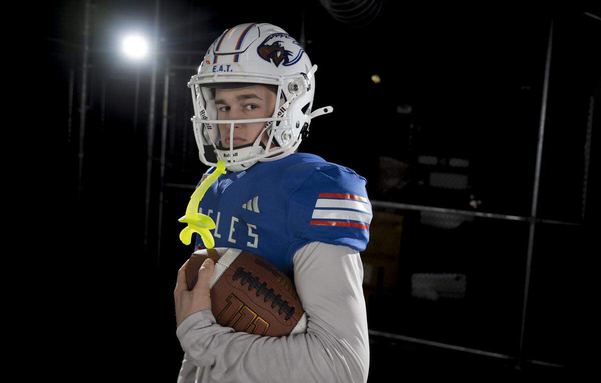 Graham-Kapowsin junior wide receiver Kase Betz poses for a portrait after being selected as first-team offense for The News Tribune’s 2025 All-Area football team at Mount Tahoma High School, on Sunday, Dec. 7, 2025, in Tacoma, Wash.