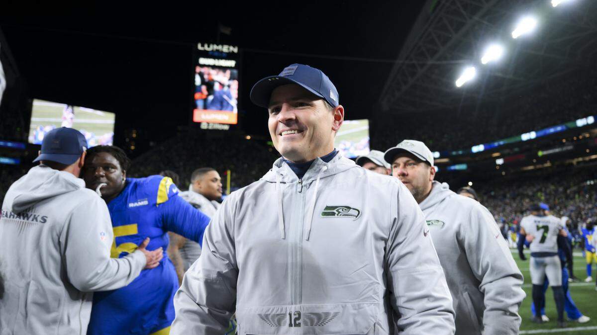 Seattle Seahawks head coach Mike MacDonald smiles after the Seattle Seahawks 38-37 overtime victory at Lumen Field, on Thursday, Dec. 18, 2025, in Seattle.