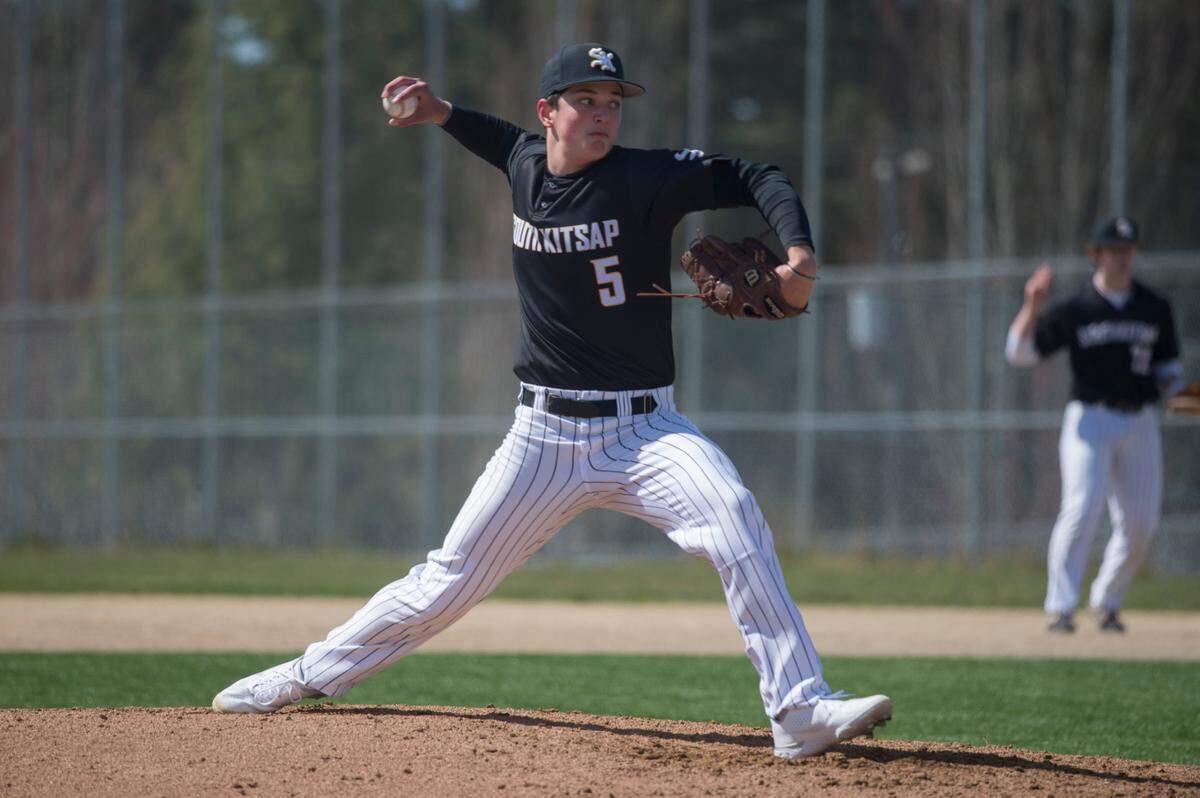 South Kitsap High School starter Rylen Bayne throws a pitch during a game against Curtis on Saturday, April 10, 2021 in University Place, Wash.