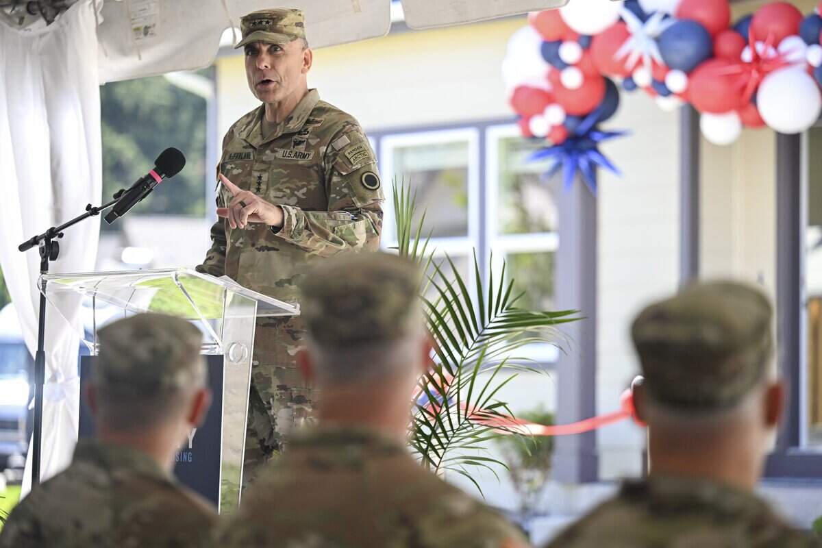 Lieutenant General Matthew McFarlane speaks at a ribbon cutting event for Meriwether Landing, a newly constructed neighborhood at Joint Base Lewis-McChord, on Tuesday, June 16, 2026.