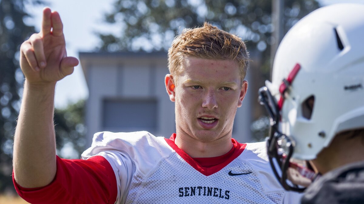 Quarterback J.J. Lemming at Steilacoom High School football practice, August 18, 2018.