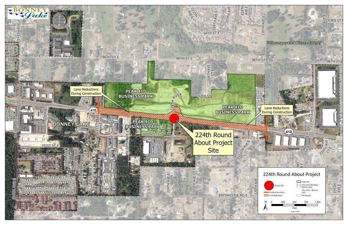 Crews are building a roundabout on state Route 410 as part of the Peak 410 Business Park project.