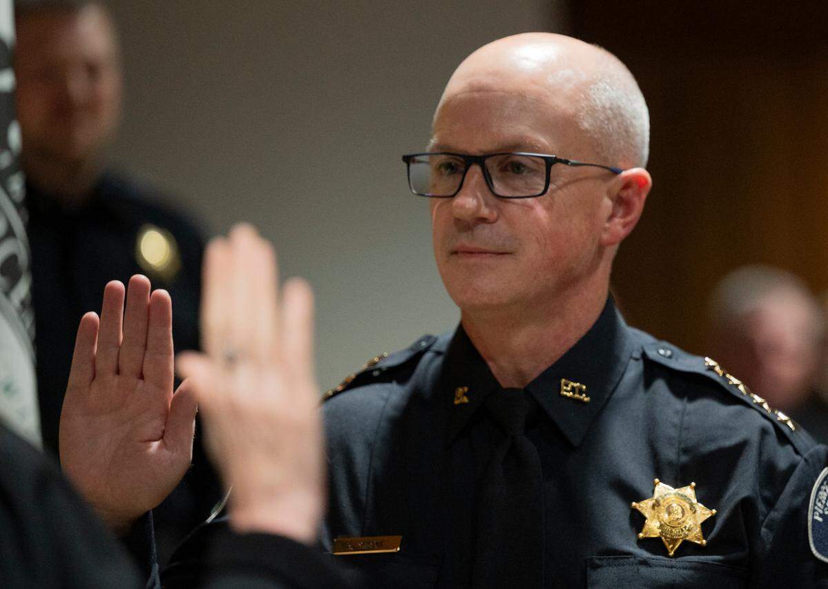 Newly elected Pierce County Sheriff Keith Swank is sworn in at a swearing-in ceremony at Frontier Park Lodge, on Wednesday, Jan. 15, 2025, in Graham Wash.