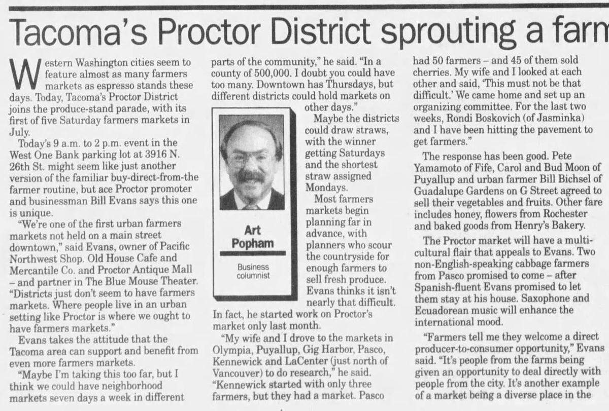 A July 1994 article in The News Tribune introduced the Proctor Farmers Market as the most recent addition to the “produce-stand parade.” A handful of vendors set up in what is now the U.S. Bank parking lot over five Saturdays that summer.