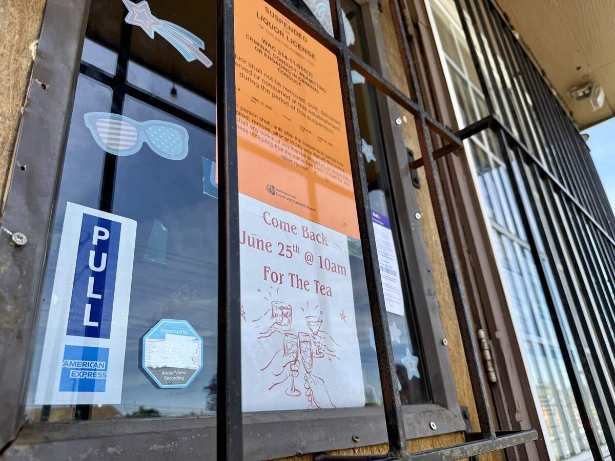 Tami’s in Tacoma, 4034 E. McKinley Ave., had its liquor license suspended by the state liquor board for 15 days and faces a $2,500 fine for accruing three violations — two related to overservice and one for cannabis use — within a two-year period. A sign reflects the suspension on Friday, June 12, 2026.