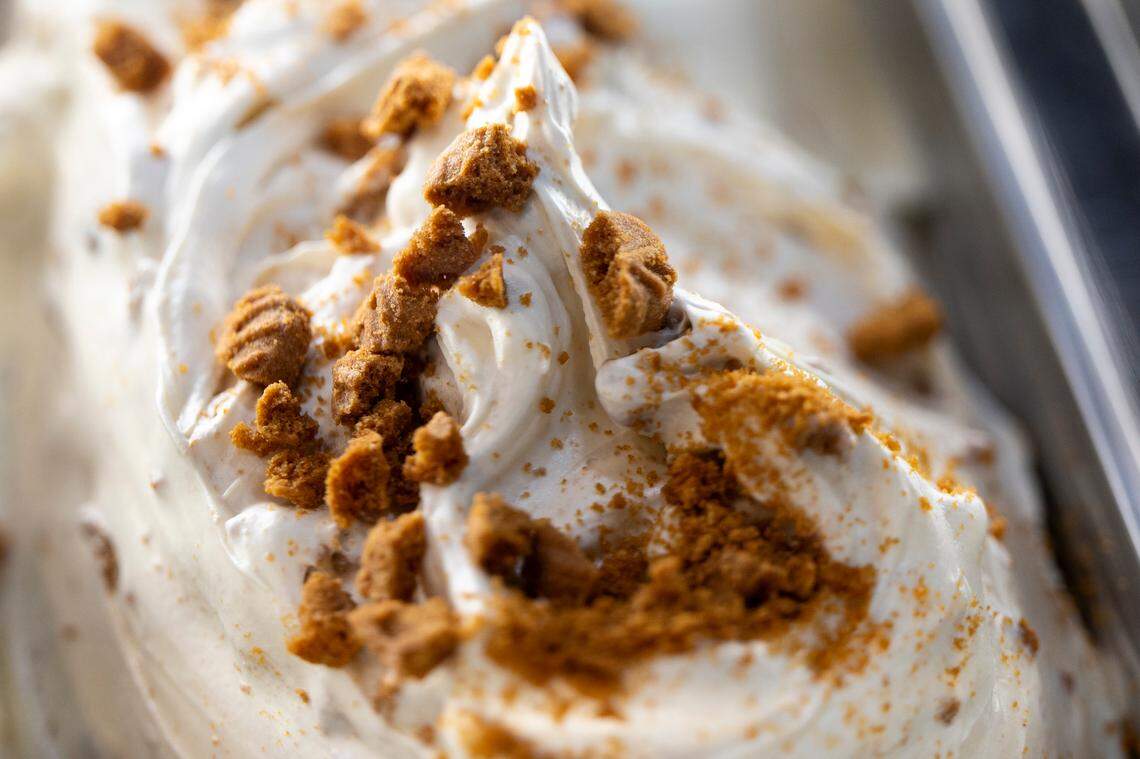 Lotus Biscoff cookies are sprinkled atop and laced throughout a pan of Medzo gelato. The case holds a dozen flavors at a time, but the Al-Abbouds have 60-plus recipes at their fingertips and are constantly creating new ones.