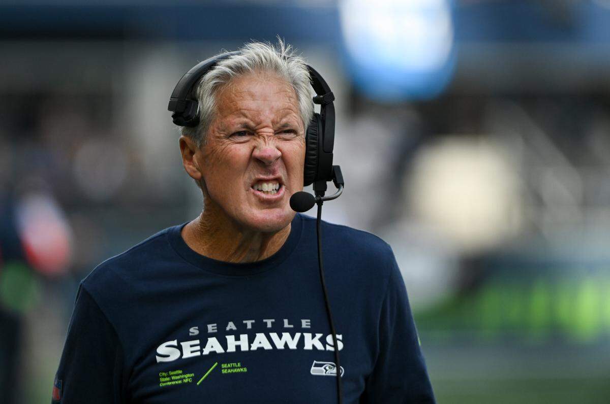 Seattle Seahawks head coach walks the sidelines before the second half of the NFL game against the Los Angeles Rams at Lumen Field, Sunday, Sept. 10, 2023, Seattle, Wash.