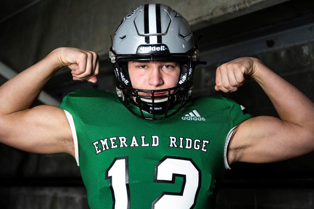 Emerald Ridge senior Jacob Lane poses for a portrait after being selected as a defensive lineman for The News Tribune’s 2022 All-Area football team, at Mount Tahoma High School in Tacoma, Wash. on Dec. 4, 2022.