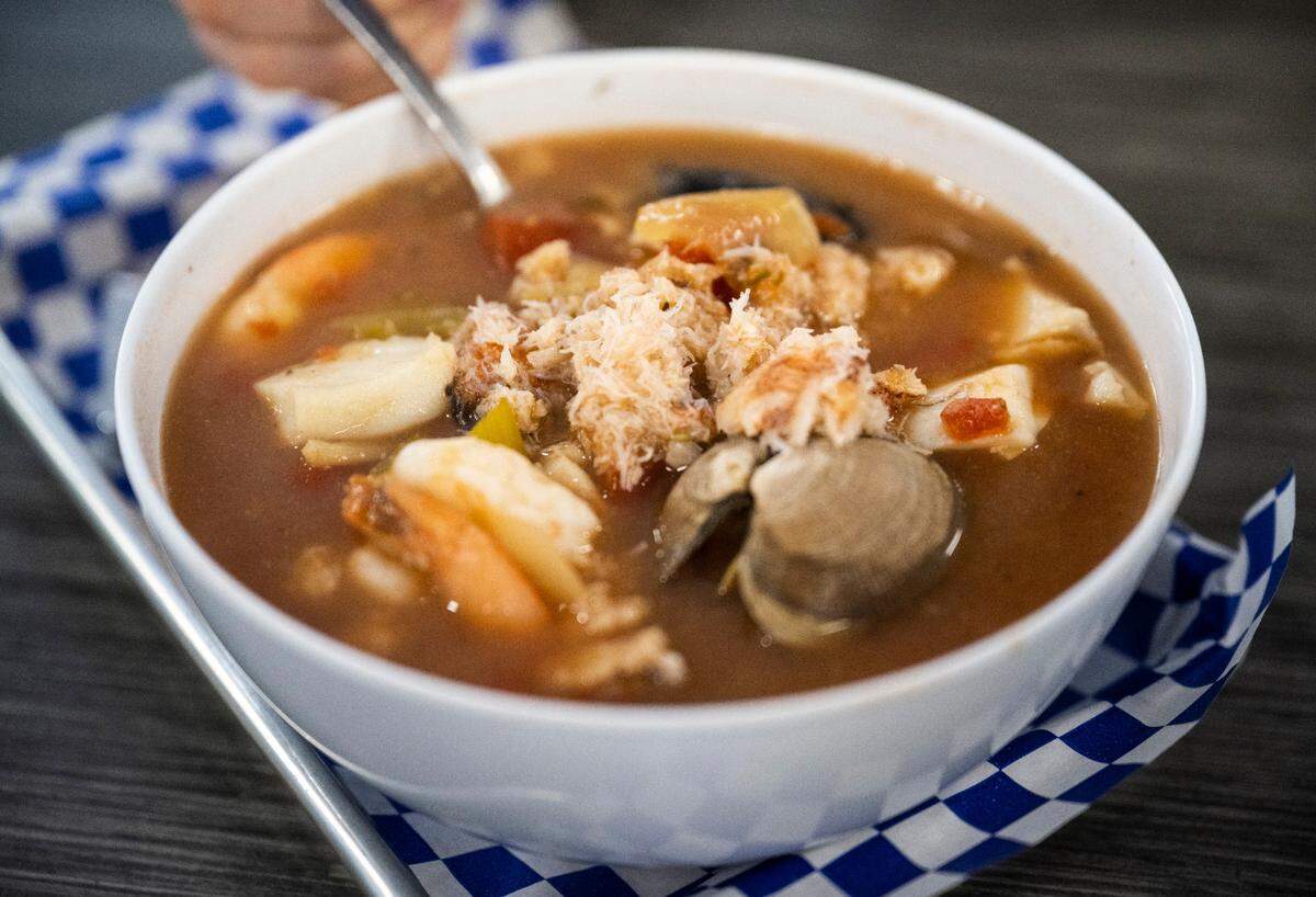 Seafood stews like cioppino, with clams, mussels, shrimp and cod in white wine tomato sauce, was cooked to order in steam-powered kettles at Kettlefish in Gig Harbor and Silverdale.