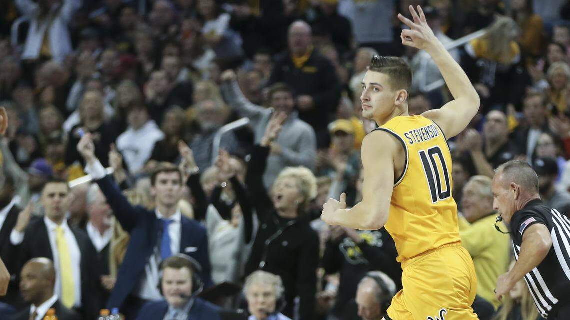 Wichita State’s Erik Stevenson celebrates a three-pointer on Saturday against Oklahoma at Intrust Bank Arena.