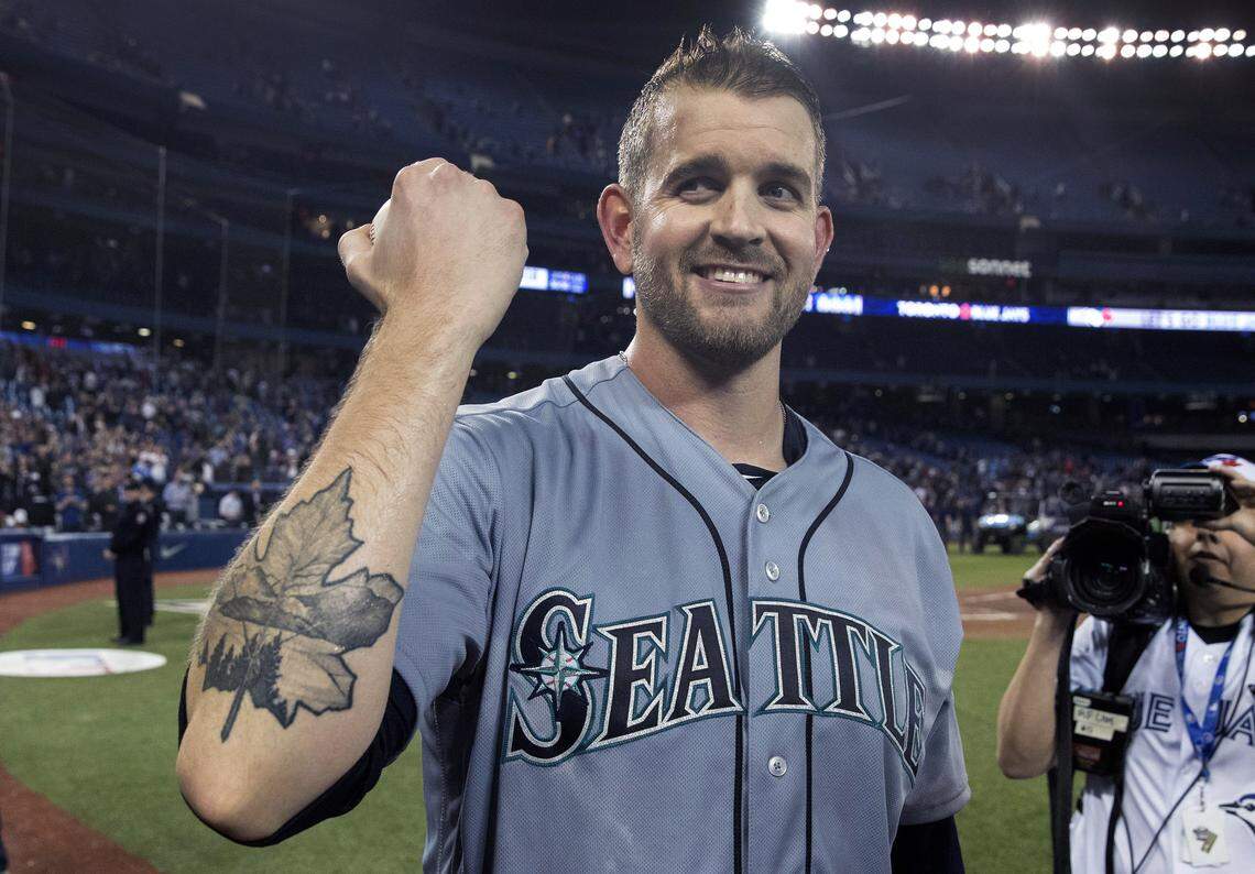 Seattle Mariners starting pitcher James Paxton shows off his Maple Leaf tattoo after pitching a no-hitter against the Toronto Blue Jays in a baseball game Tuesday, May 8, 2018, in Toronto. (Fred Thornhill/The Canadian Press via AP)