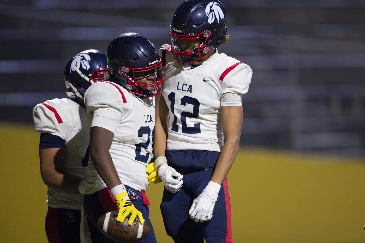 Life Christian Eagles reacts to a Deon Paine (21) touchdown against the Annie Wright Gator during the first half of the game at Stadium High School, on Thursday, Oct. 2, 2025, in Tacoma, Wash.
