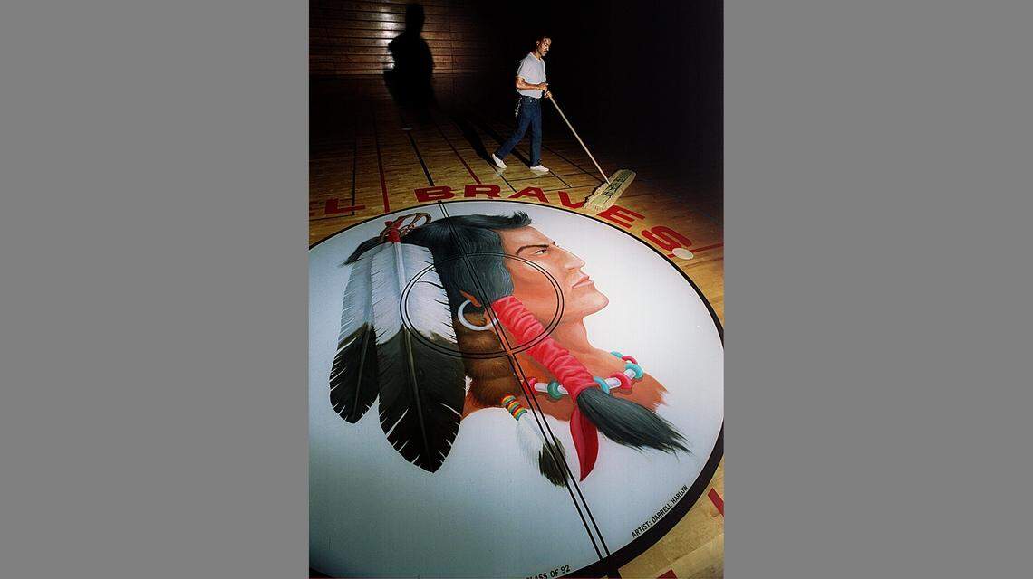 Bethel High School in Spanaway has gotten rid of some Native American imagery, like this painting on the gym floor from the early 1990s, which was removed around 20 years ago. Now a bill in the Washington Legislature would require them to drop the Bethel Braves name and mascot entirely.