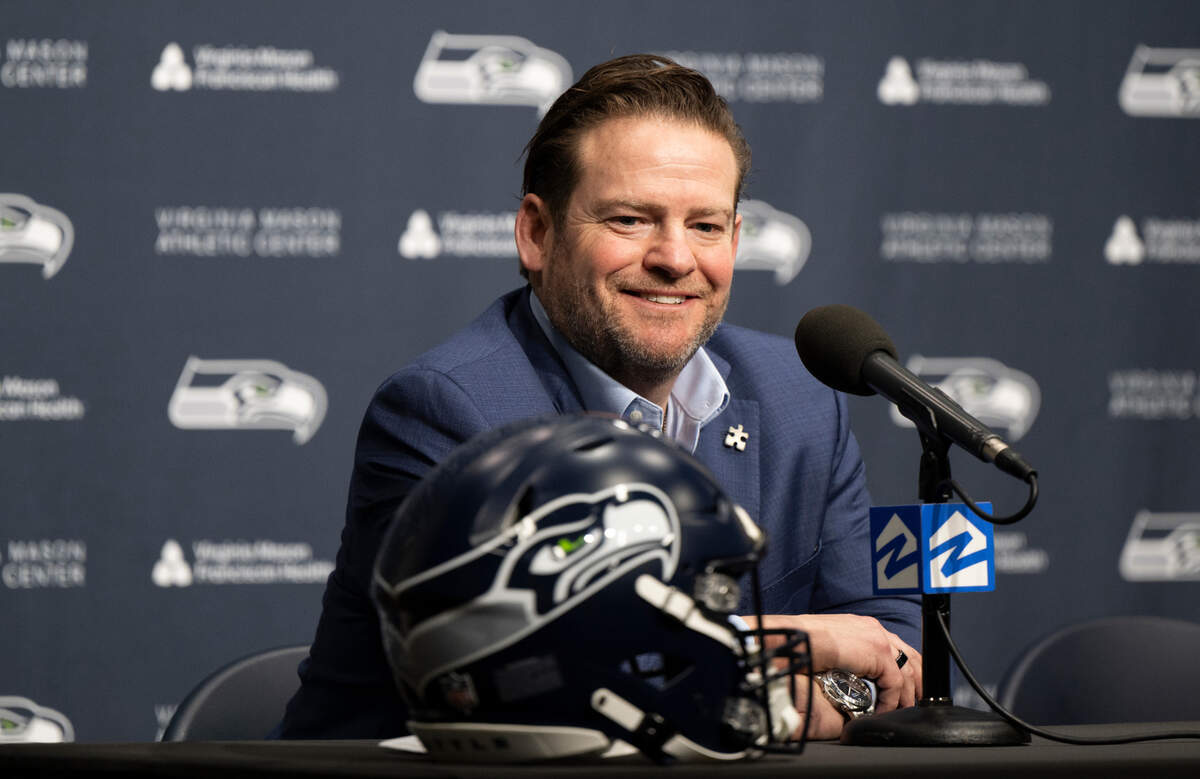 Seahawks general manager John Schneider answers questions during head coach Mike Macdonald’s first press conference at Virginia Mason Athletic Center on Thursday, Feb. 1, 2024, in Renton, Washington.