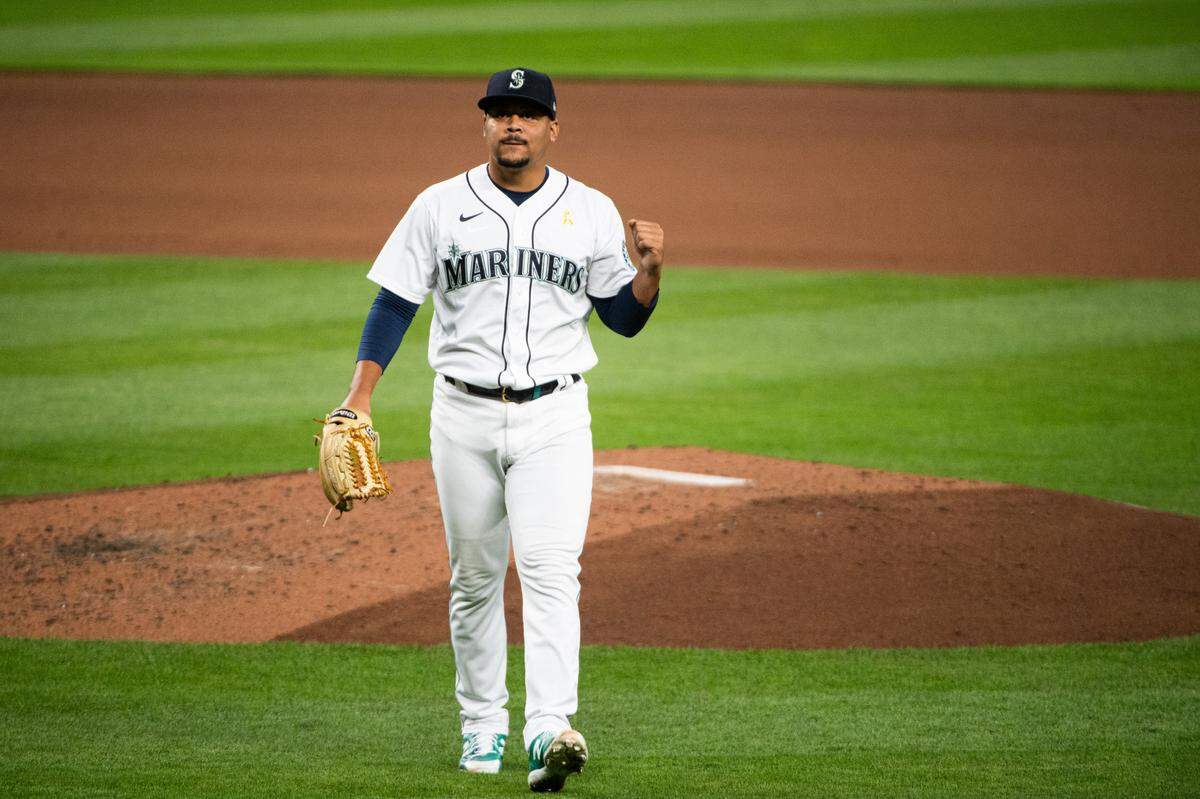 Seattle Mariners pitcher Justus Sheffield (33) reacts after getting out of an inning. The Seattle Mariners played the Texas Rangers in a Major League Baseball game at T-Mobile Park in Seattle, Wash., on Saturday, Sept. 5, 2020.