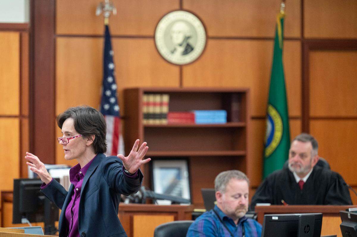 Washington State Assistant Attorney General addresses the jury in the prosecution’s closing arguments on Tuesday, Dec. 13, 2022, in Pierce County District Court in Tacoma, Wash.