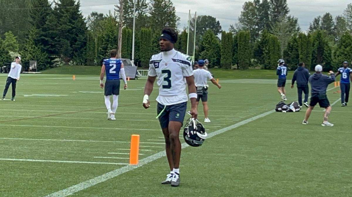Rookie safety and second-round NFL draft choice Nick Emmanwori from South Carolina at the start of the fifth practice of Seattle Seahawks organized team activities (OTAs) June 4, 2025, at the Virginia Mason Athletic Center in Renton.