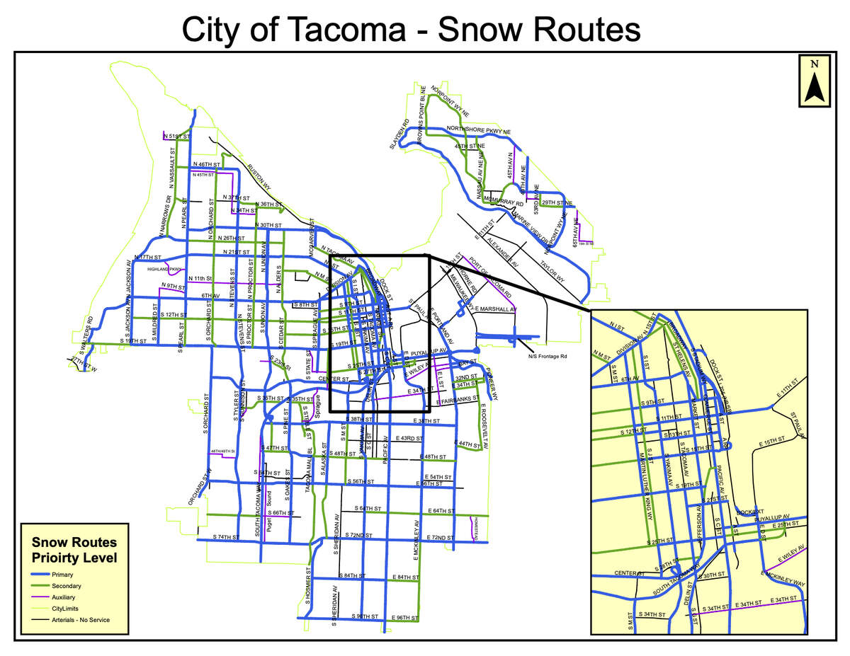 The city of Tacoma’s snow route map shows priority areas where the city crews plow and de-ice first.